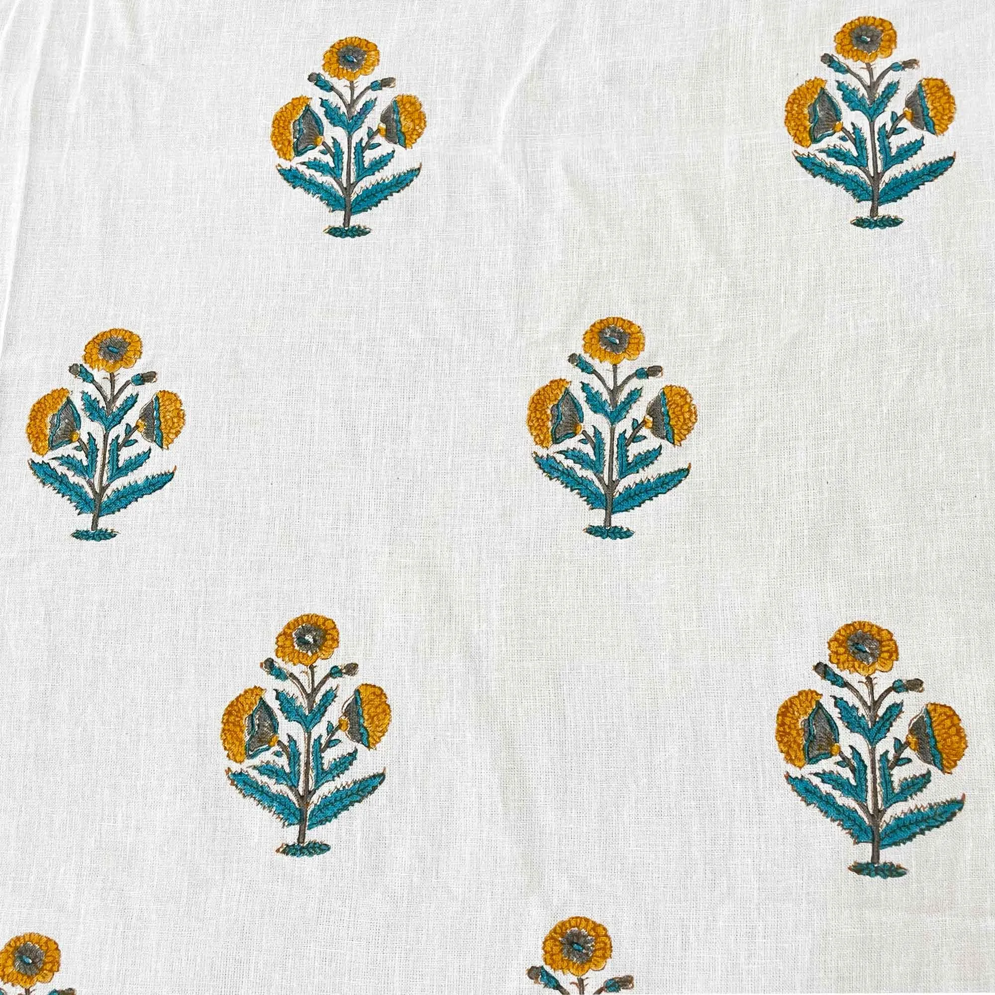 Poppy Floral Block Print Linen Fabric in Mustard and Teal