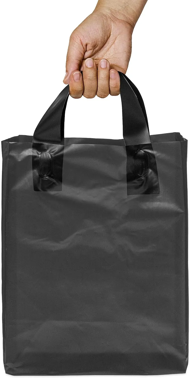 Prime Line Packaging Frosted Plastic Shopping Bags with Handles, Black Gift Tote for Merchandise, Retail, Boutiques, Parties, Events, 8x4x10 100 Pack