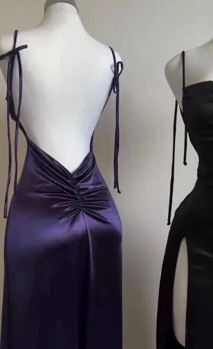 Purple Spaghetti Straps Sheath Satin Long Party Dresses Wedding Guest Dresses, D1066