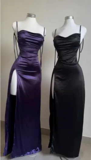 Purple Spaghetti Straps Sheath Satin Long Party Dresses Wedding Guest Dresses, D1066