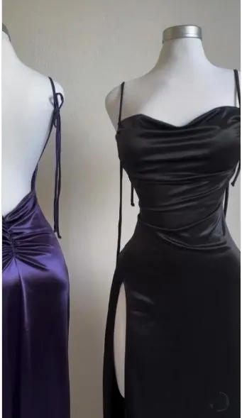 Purple Spaghetti Straps Sheath Satin Long Party Dresses Wedding Guest Dresses, D1066