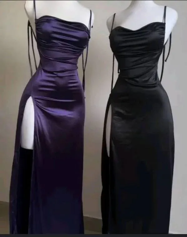 Purple Spaghetti Straps Sheath Satin Long Party Dresses Wedding Guest Dresses, D1066
