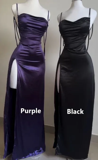 Purple Spaghetti Straps Sheath Satin Long Party Dresses Wedding Guest Dresses, D1066