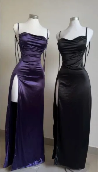Purple Spaghetti Straps Sheath Satin Long Party Dresses Wedding Guest Dresses, D1066