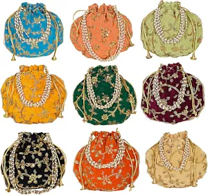 Radharani Arts Women Handicrafts and jewellery Designer Velvet Potli Bags or Wristlets or rajasthani batwa for Wedding & Parties, Best for gifting Lot of 05 PCS