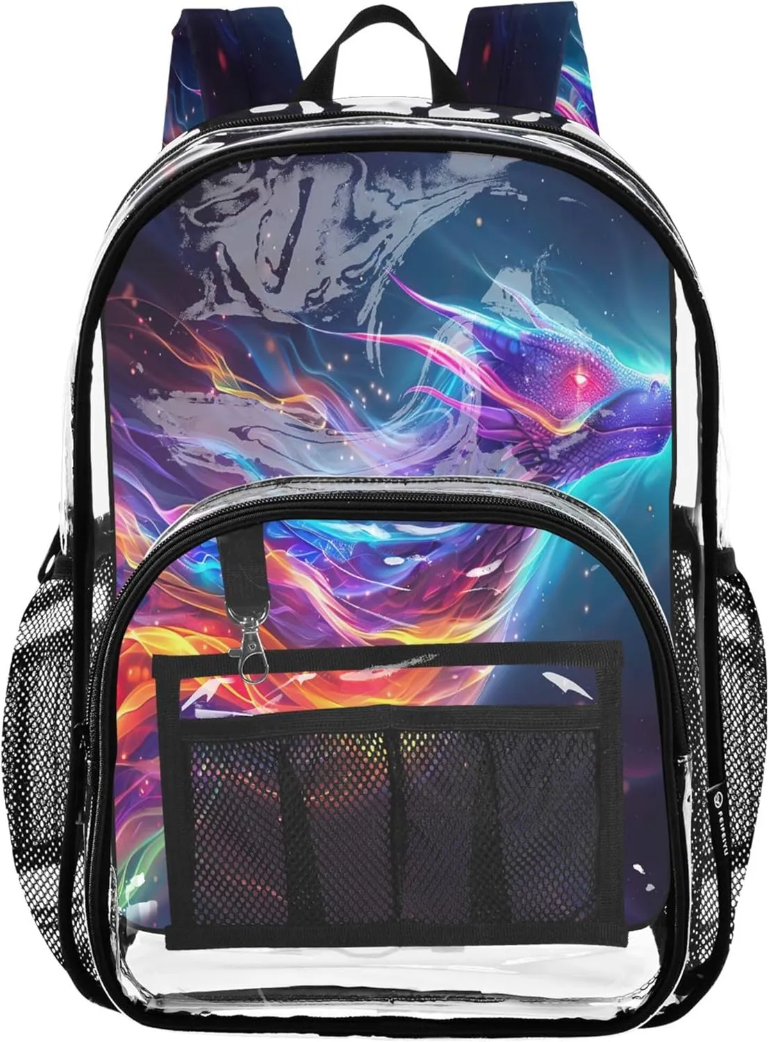 Rainbow Fire Dragon Backpack for School, Clear Plastic Bag, Book Bag, Clear Backpack for Girls
