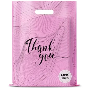 Rainbows & Lilies 100 Thank You Plastic Bags with Handles - 12"W x 15"H Thick Reusable Bulk Shopping Bags for Small Business, Retail, Boutique Shop, Clothes, Gifts, Tshirts, Goodie Party Favors (Pink)