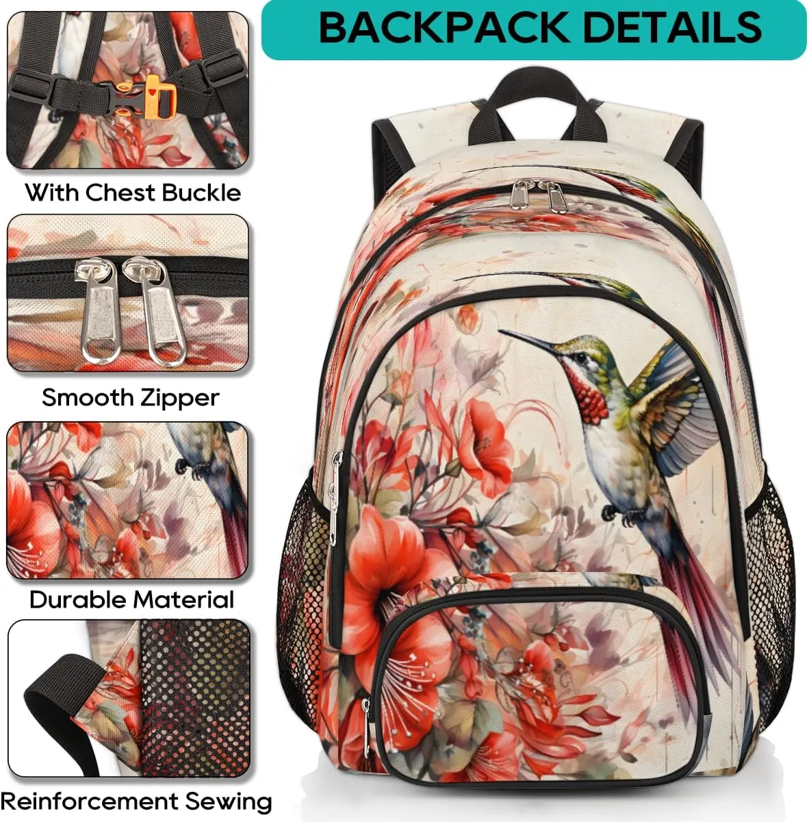Retro Hummingbird Flower Backpacks for Women Men Travel Laptop Backpack Waterproof Bookbag Backpack with Laptop Compartment & Multiple Pockets Traveling Back Pack Casual Daypack