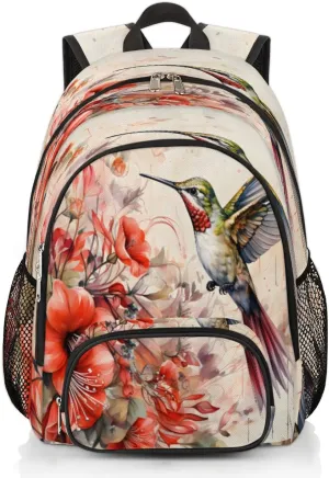 Retro Hummingbird Flower Backpacks for Women Men Travel Laptop Backpack Waterproof Bookbag Backpack with Laptop Compartment & Multiple Pockets Traveling Back Pack Casual Daypack