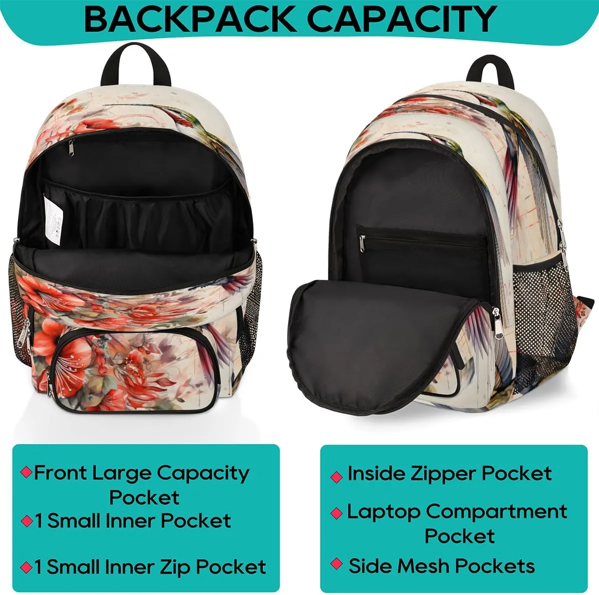Retro Hummingbird Flower Backpacks for Women Men Travel Laptop Backpack Waterproof Bookbag Backpack with Laptop Compartment & Multiple Pockets Traveling Back Pack Casual Daypack