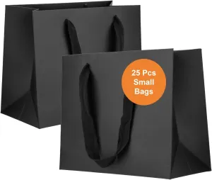 RNORRI 25Pcs Gift Bags Small Black Paper Gift Bags WIth Handles Black Bag For Shopping, Wedding, Retail, Party Christmas, Halloween, Birthday, Graduation, 8.6x3.9x7 Inches