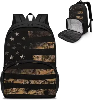 Rnyleeg Camo American Flag Backpack for Kids Boys Girls Prechool Backpack with Lunch Box Meal Prep Backpack Kids Backpack Bookbag 2 in 1 Suitable for Picnic Hiking Camping