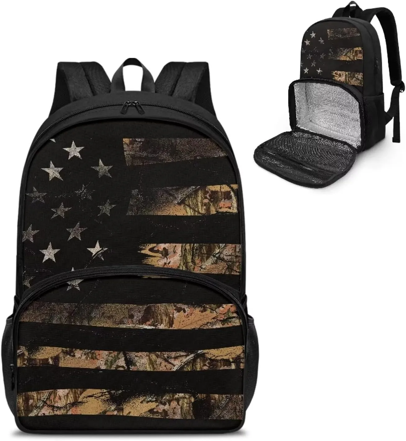 Rnyleeg Camo American Flag Backpack for Kids Boys Girls Prechool Backpack with Lunch Box Meal Prep Backpack Kids Backpack Bookbag 2 in 1 Suitable for Picnic Hiking Camping