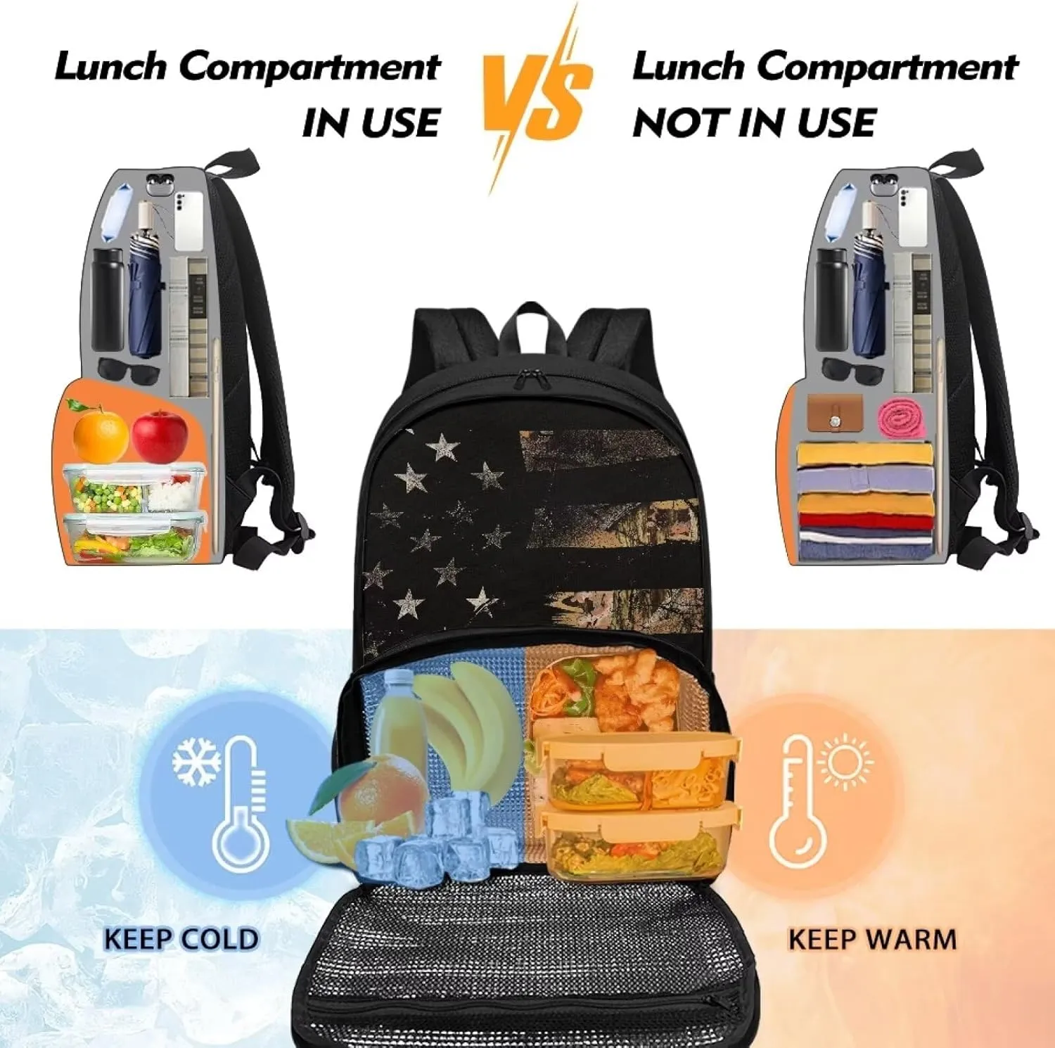 Rnyleeg Camo American Flag Backpack for Kids Boys Girls Prechool Backpack with Lunch Box Meal Prep Backpack Kids Backpack Bookbag 2 in 1 Suitable for Picnic Hiking Camping