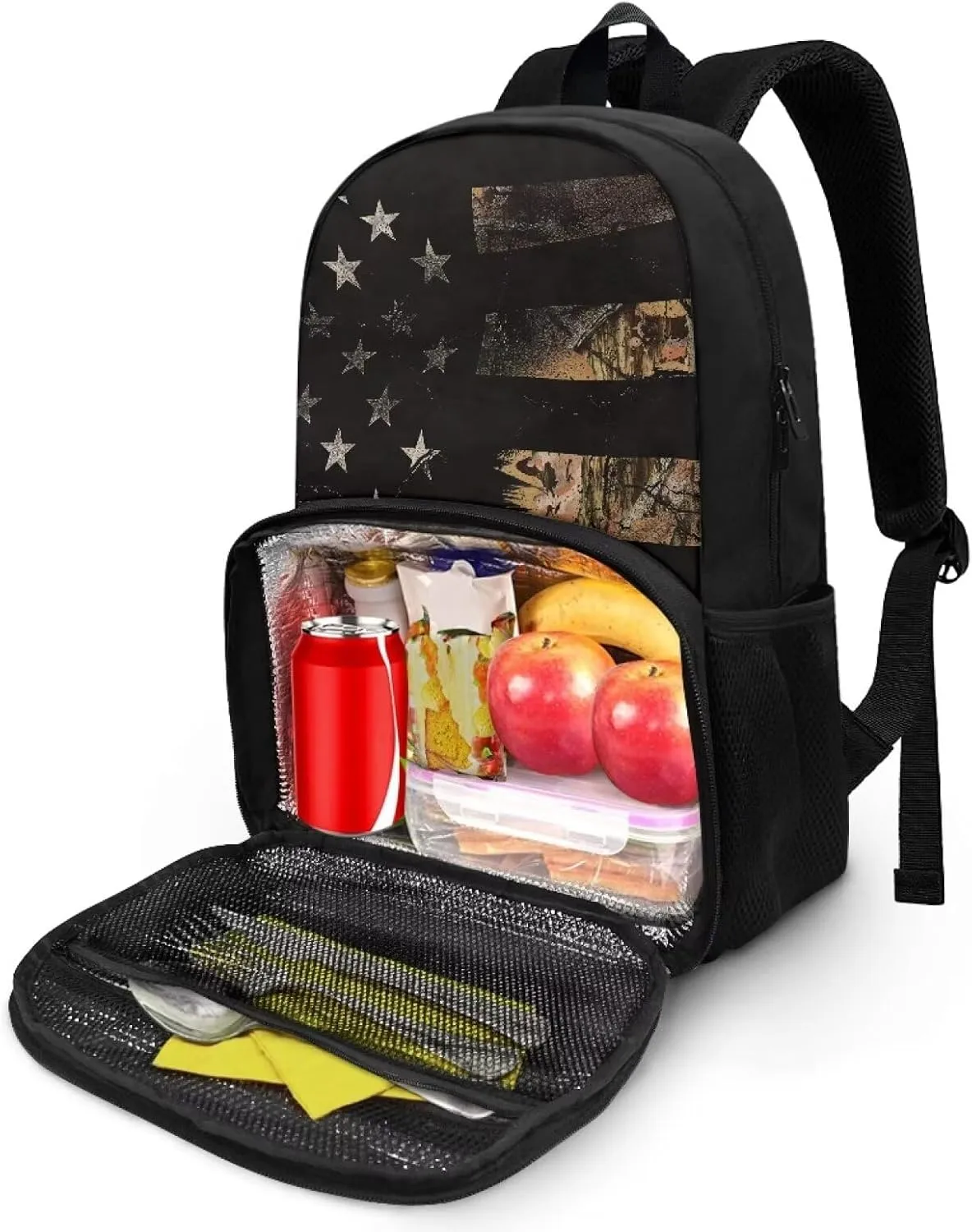 Rnyleeg Camo American Flag Backpack for Kids Boys Girls Prechool Backpack with Lunch Box Meal Prep Backpack Kids Backpack Bookbag 2 in 1 Suitable for Picnic Hiking Camping