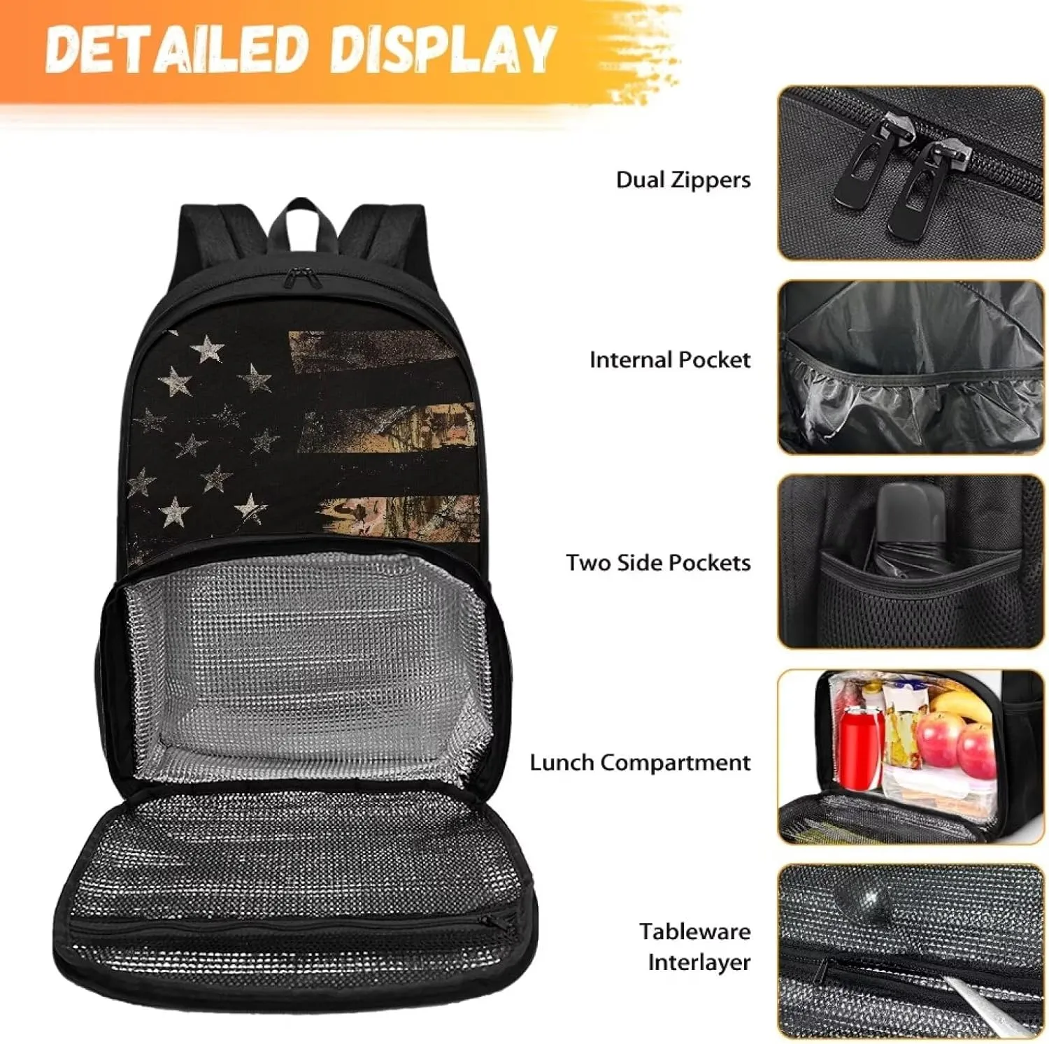 Rnyleeg Camo American Flag Backpack for Kids Boys Girls Prechool Backpack with Lunch Box Meal Prep Backpack Kids Backpack Bookbag 2 in 1 Suitable for Picnic Hiking Camping
