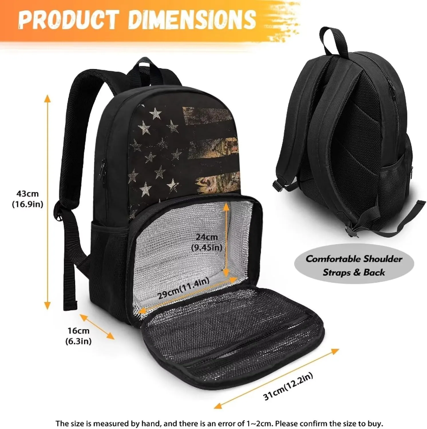 Rnyleeg Camo American Flag Backpack for Kids Boys Girls Prechool Backpack with Lunch Box Meal Prep Backpack Kids Backpack Bookbag 2 in 1 Suitable for Picnic Hiking Camping