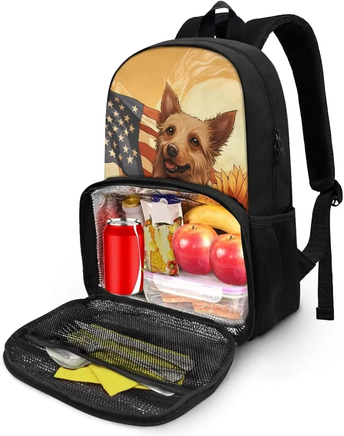 Rnyleeg Lunch Backpack Insulated Cooler Backpack Lunch Box for Kids American Flag Dog Travel Laptop Backpack 17 inch Casual Daypack for Hiking Picnic