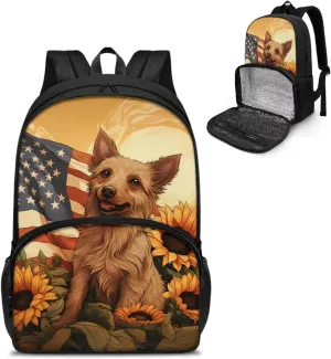 Rnyleeg Lunch Backpack Insulated Cooler Backpack Lunch Box for Kids American Flag Dog Travel Laptop Backpack 17 inch Casual Daypack for Hiking Picnic