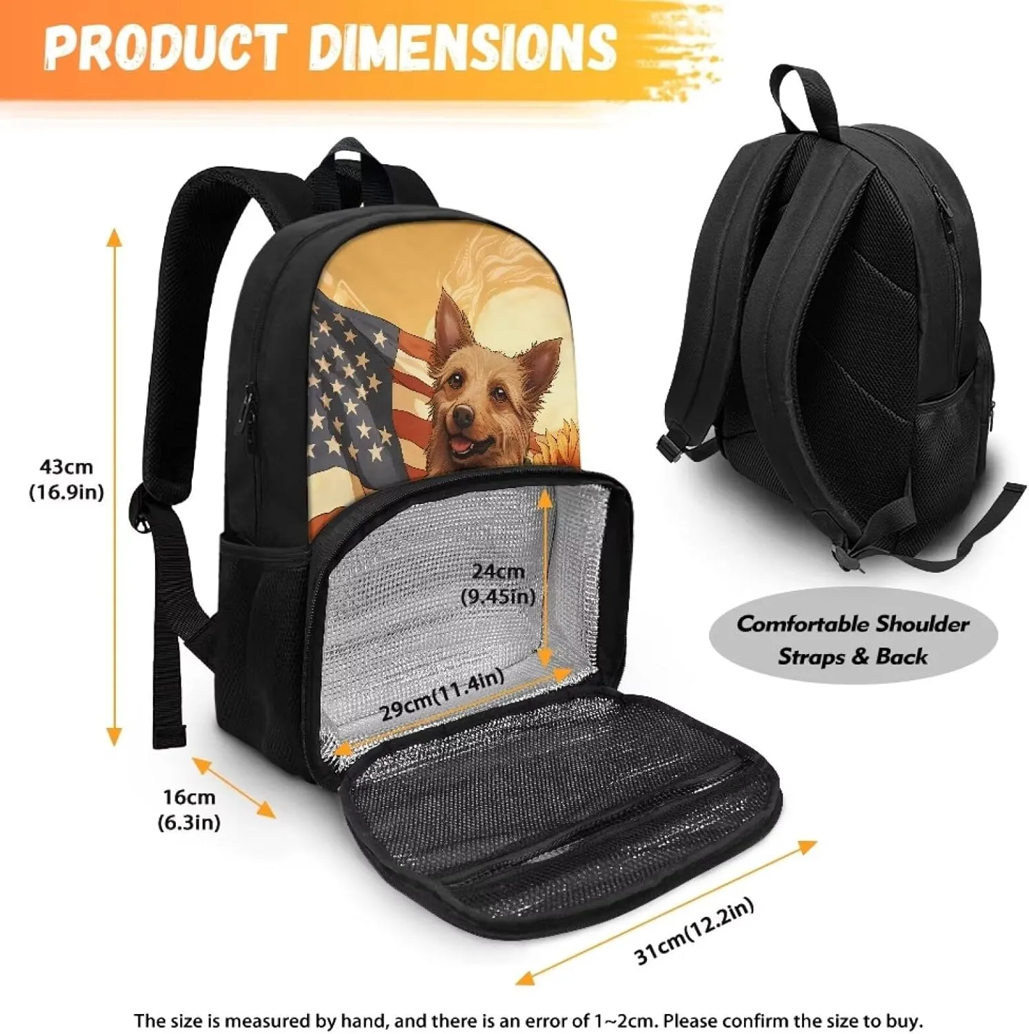 Rnyleeg Lunch Backpack Insulated Cooler Backpack Lunch Box for Kids American Flag Dog Travel Laptop Backpack 17 inch Casual Daypack for Hiking Picnic