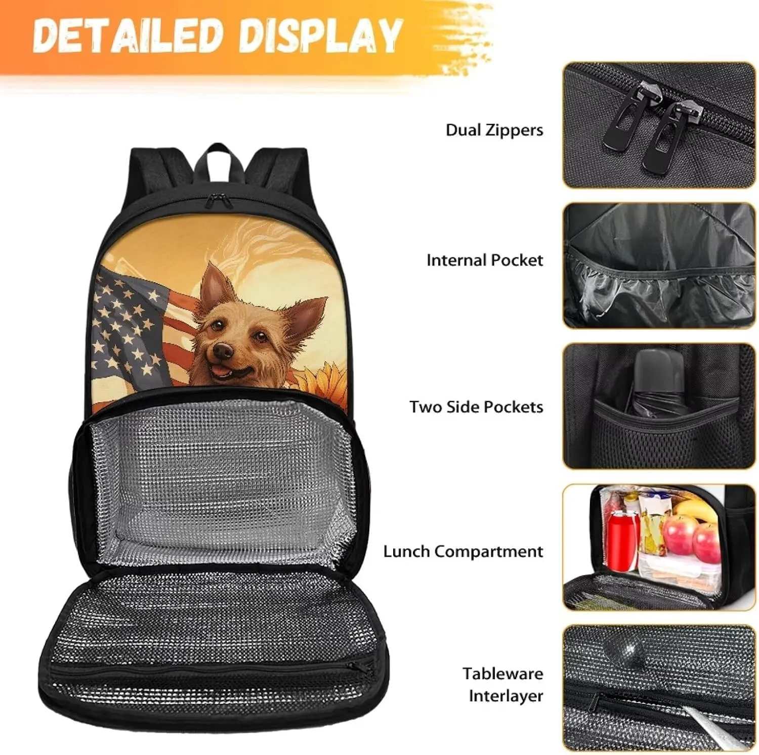 Rnyleeg Lunch Backpack Insulated Cooler Backpack Lunch Box for Kids American Flag Dog Travel Laptop Backpack 17 inch Casual Daypack for Hiking Picnic