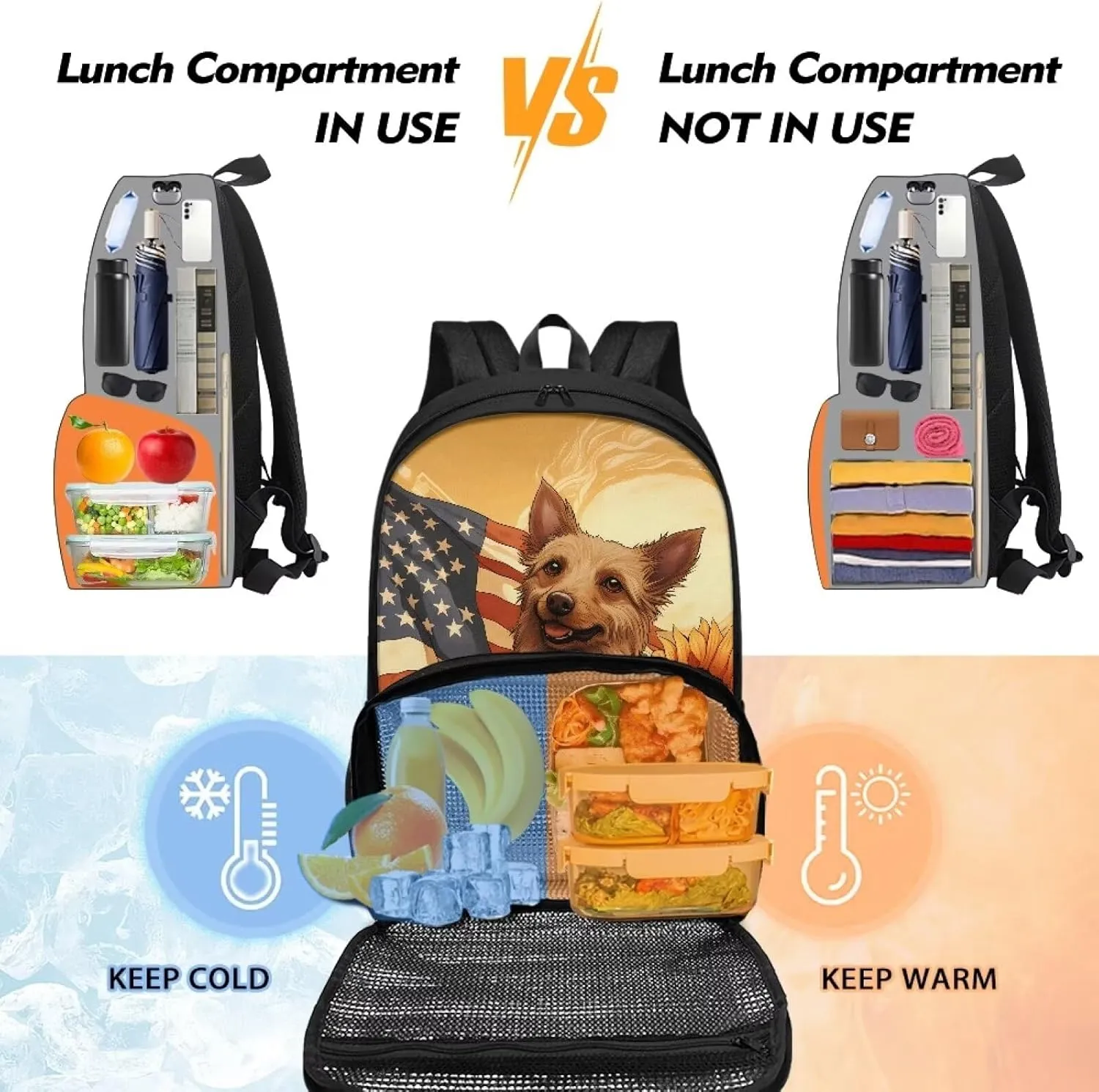 Rnyleeg Lunch Backpack Insulated Cooler Backpack Lunch Box for Kids American Flag Dog Travel Laptop Backpack 17 inch Casual Daypack for Hiking Picnic