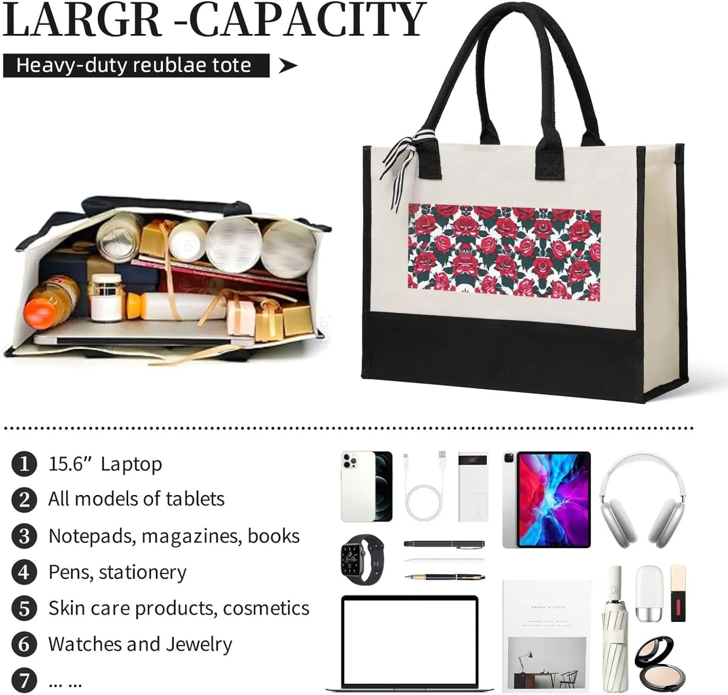 Rose Flower Floral Picture Christmas Tote Bags With Handles Canvas Reusable Gift Bag For Women Shopping