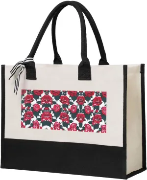 Rose Flower Floral Picture Christmas Tote Bags With Handles Canvas Reusable Gift Bag For Women Shopping