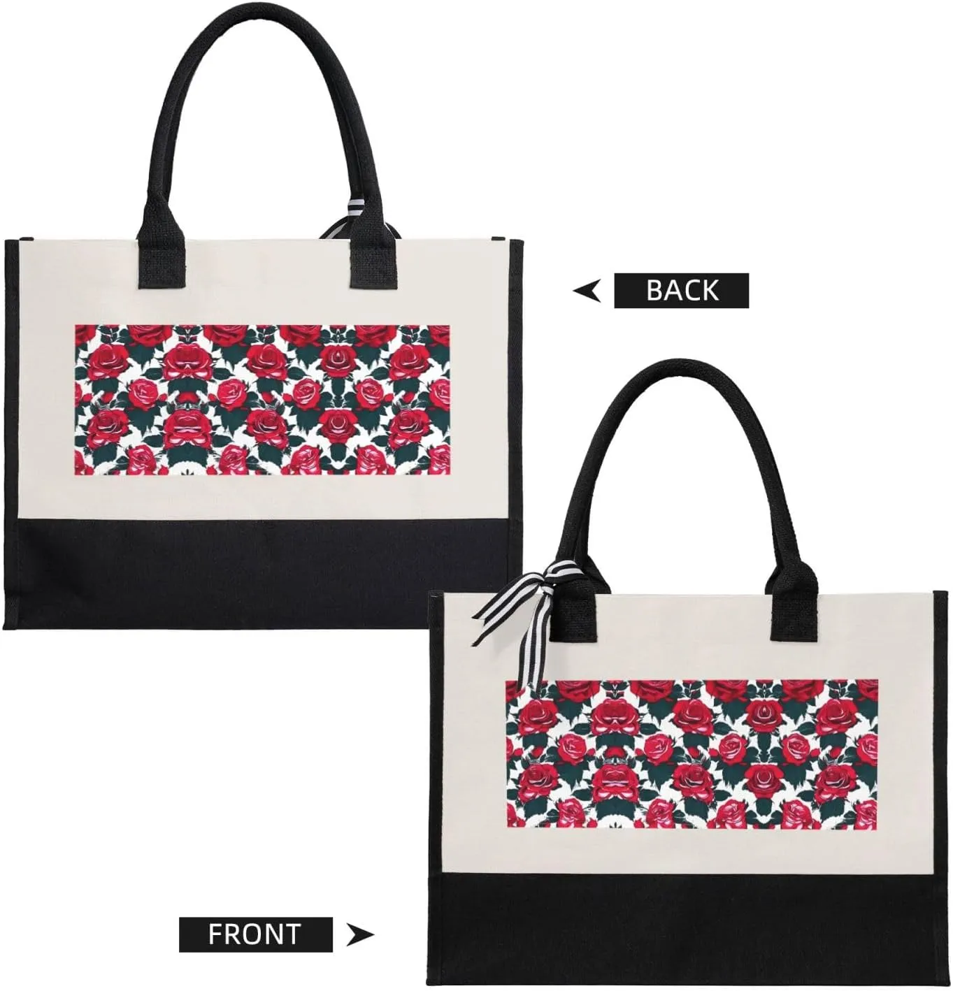 Rose Flower Floral Picture Christmas Tote Bags With Handles Canvas Reusable Gift Bag For Women Shopping