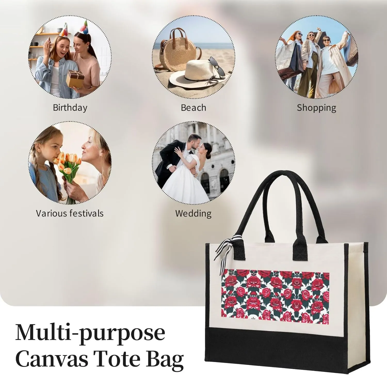 Rose Flower Floral Picture Christmas Tote Bags With Handles Canvas Reusable Gift Bag For Women Shopping