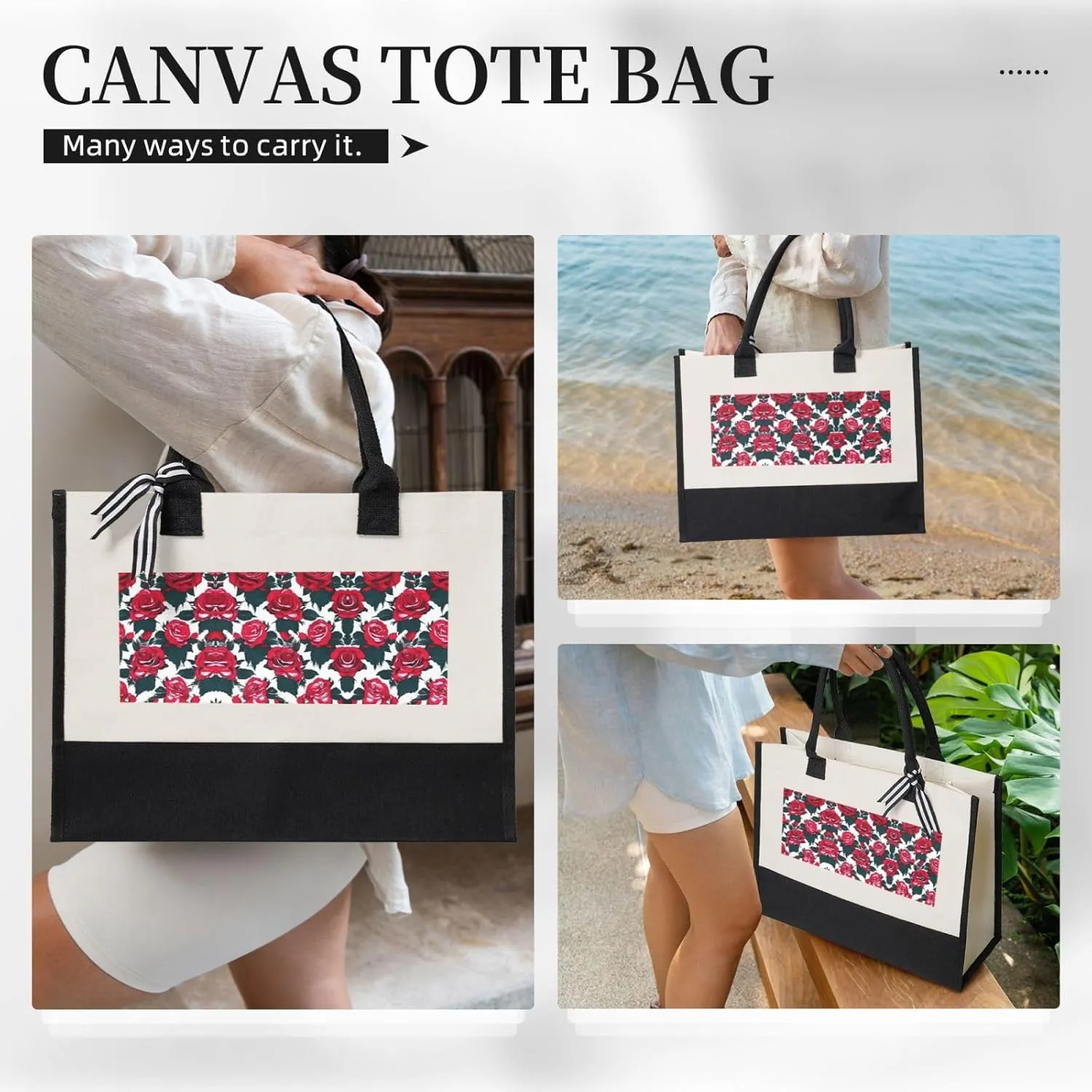Rose Flower Floral Picture Christmas Tote Bags With Handles Canvas Reusable Gift Bag For Women Shopping