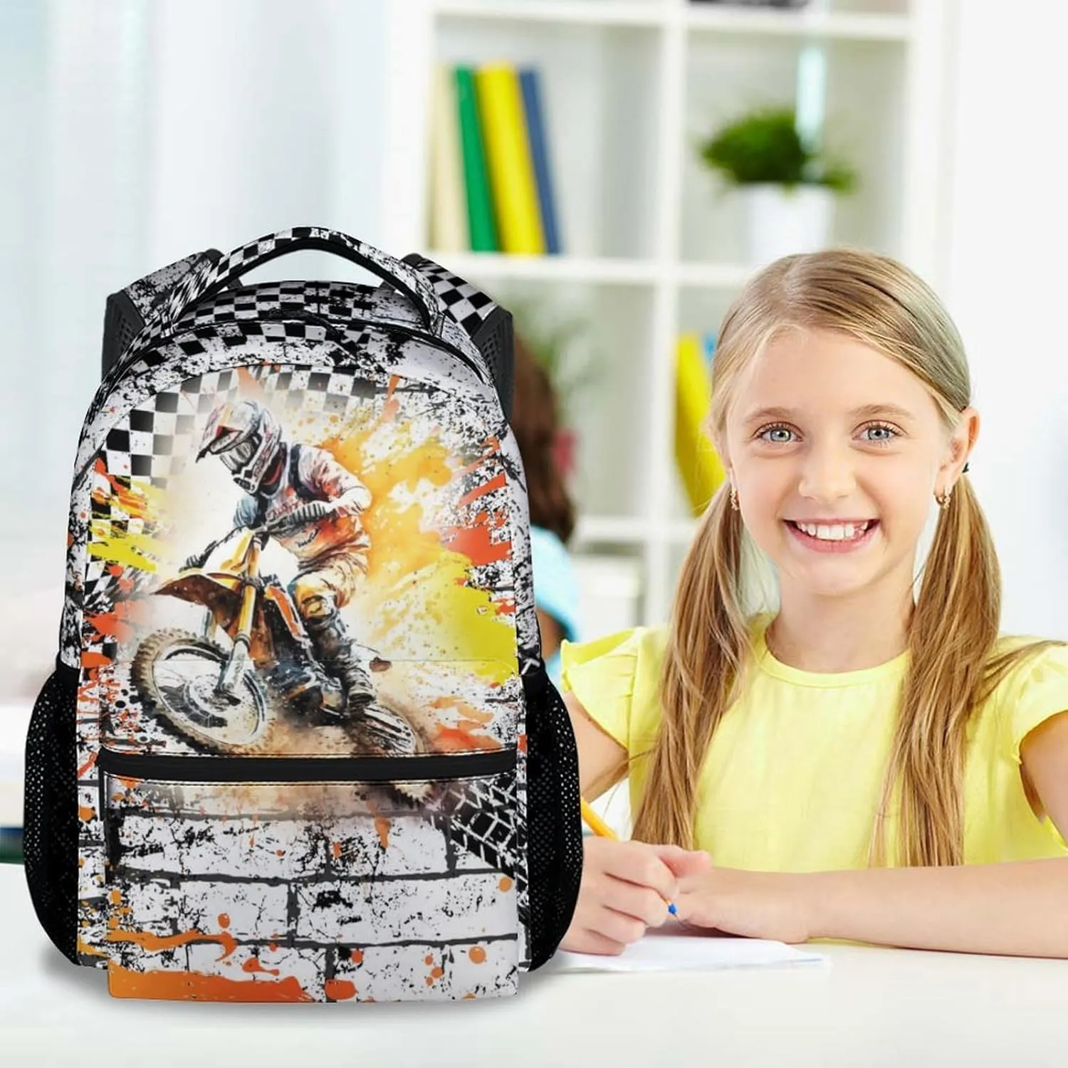 School Backpack for Boys, 17 Inch Funny Motorcycle Backpacks with Adjustable Straps for Kids, Yellow Lightweight Durable Bookbag for Kindergarten