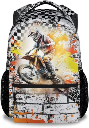 School Backpack for Boys, 17 Inch Funny Motorcycle Backpacks with Adjustable Straps for Kids, Yellow Lightweight Durable Bookbag for Kindergarten
