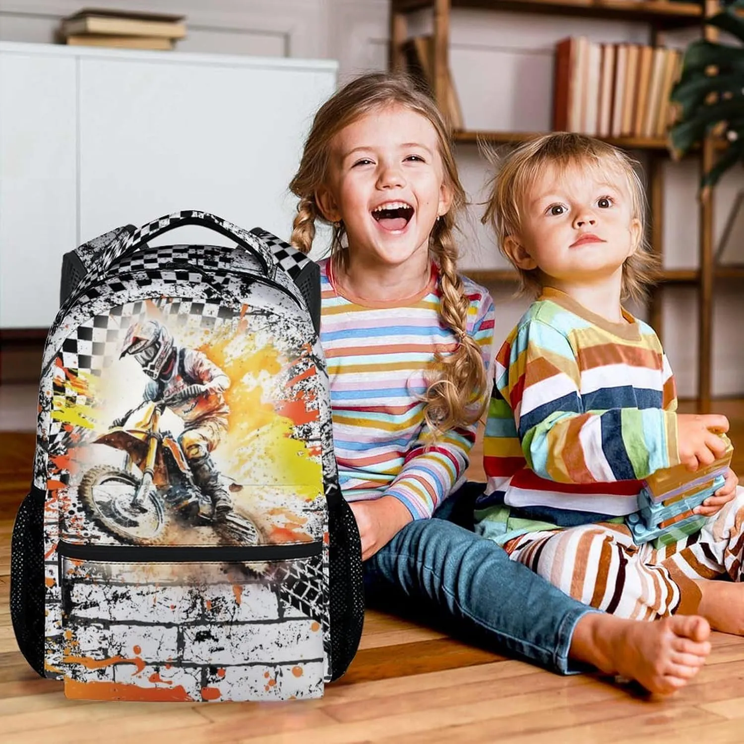 School Backpack for Boys, 17 Inch Funny Motorcycle Backpacks with Adjustable Straps for Kids, Yellow Lightweight Durable Bookbag for Kindergarten