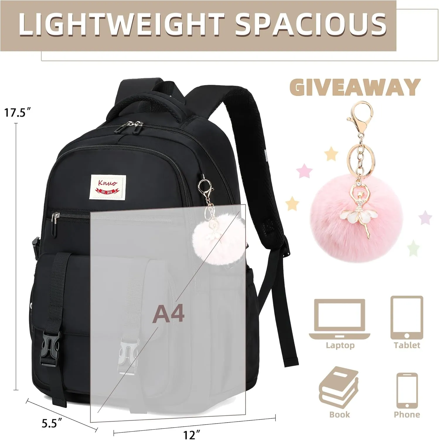 School Backpack for Teen Girls College Backpacks for Women Students Bookbag Large 15.6 Inch Laptop Bags Kids Kindergarten Elementary Middle School Bag Anti Theft Daypack Sport Travel Back Pack Black