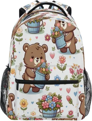 senya Bear and Flower Bucket Backpack School Bag Travel Daypack for Boys Girls