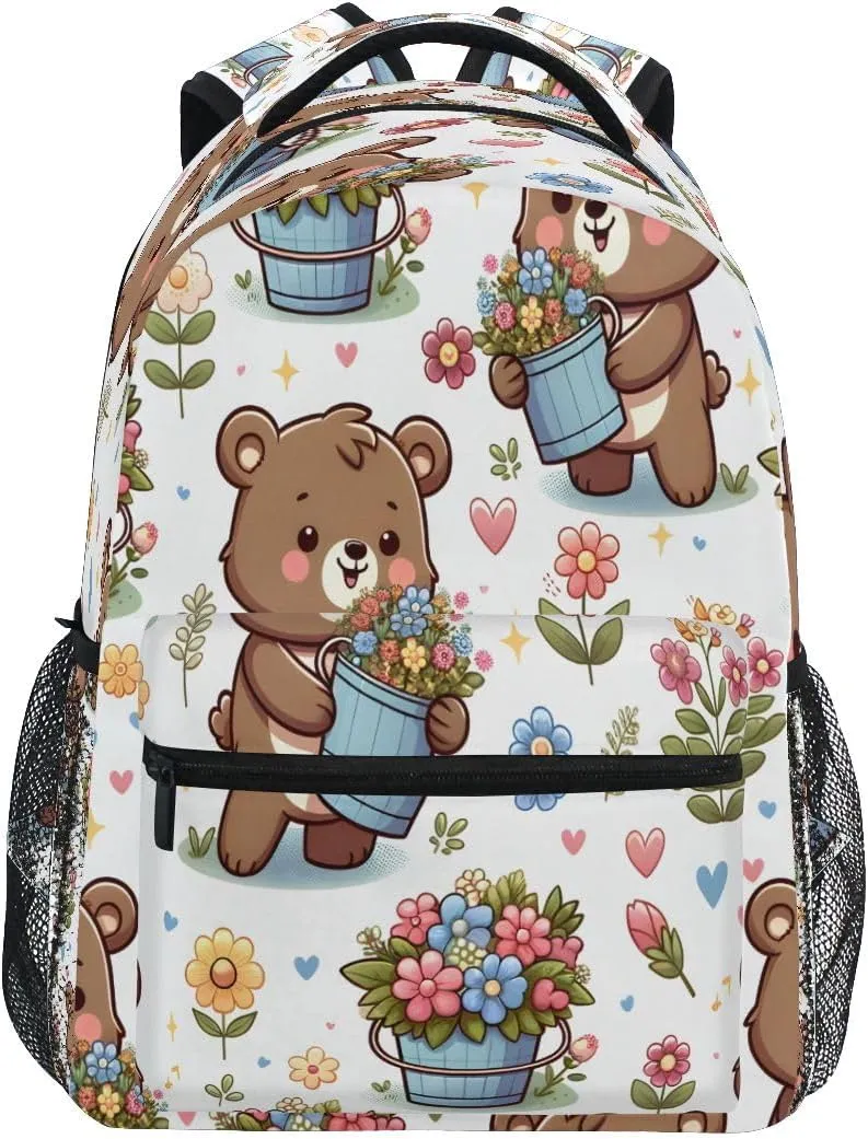 senya Bear and Flower Bucket Backpack School Bag Travel Daypack for Boys Girls