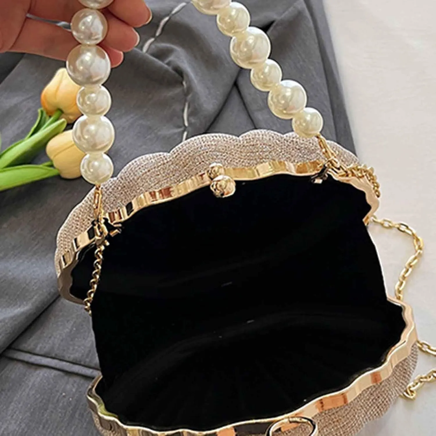 Sequin Small Bag Women's Bag New Simple Crossbody Bags Korean Pearl Chain Shoulder Bag Mens Purses Or (One Size)