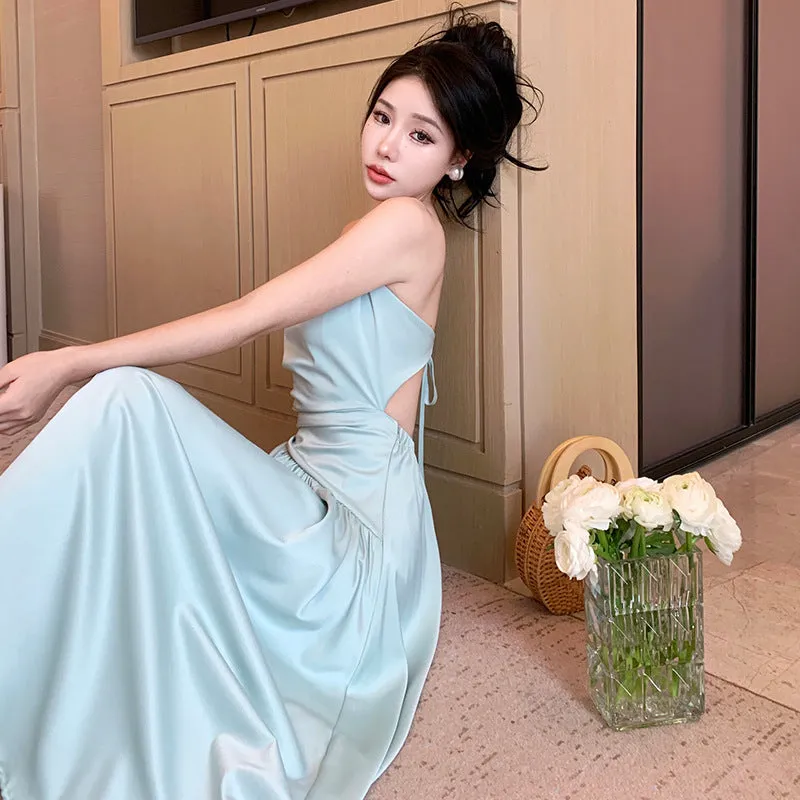 Sexy Backless Satin Spaghetti Strap Dress Long Dress 419