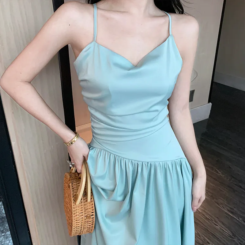 Sexy Backless Satin Spaghetti Strap Dress Long Dress 419