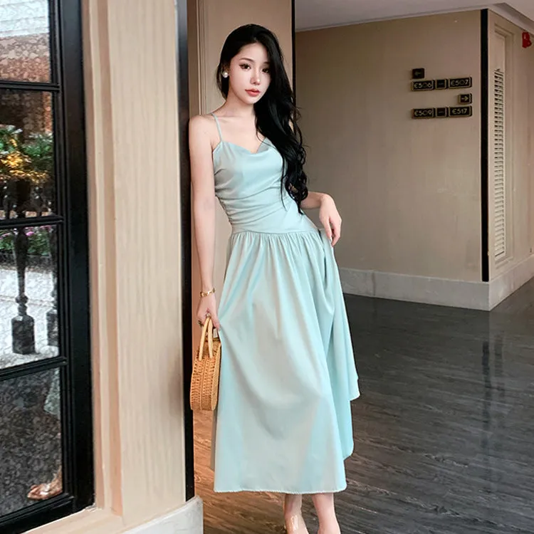 Sexy Backless Satin Spaghetti Strap Dress Long Dress 419