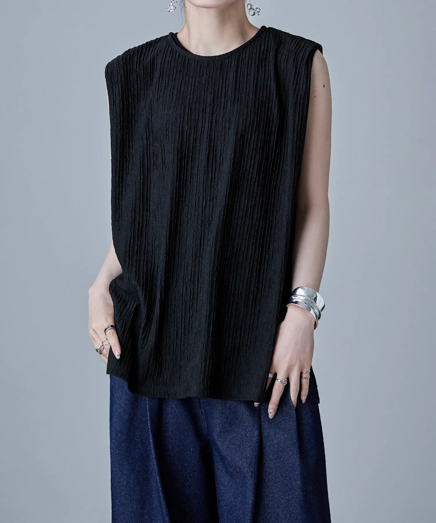 Shiny pleated shoulder tuck tops