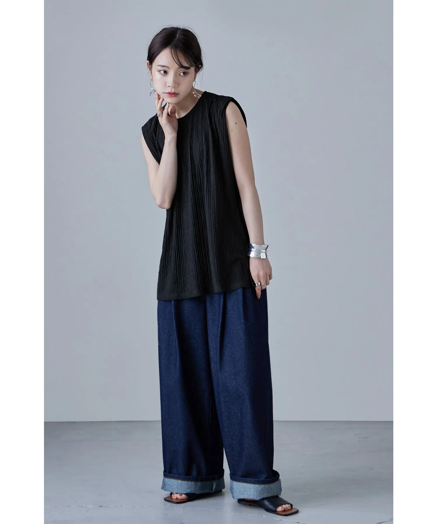 Shiny pleated shoulder tuck tops