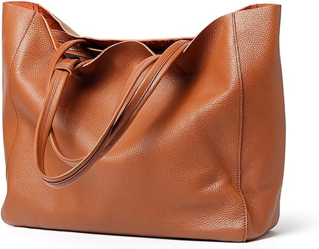 Shoulder Bags Genuine Leather Shoulder Bags Female Big Real Cow Women Leather Handbags Bucket Ladies Tote Hand Bags(Brown)
