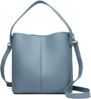 Shoulder Bags Leather Shoulder Bags for Women Ladies Bucket Handbag Solid Color Cow Leather Female Messenger Bag(Blue)