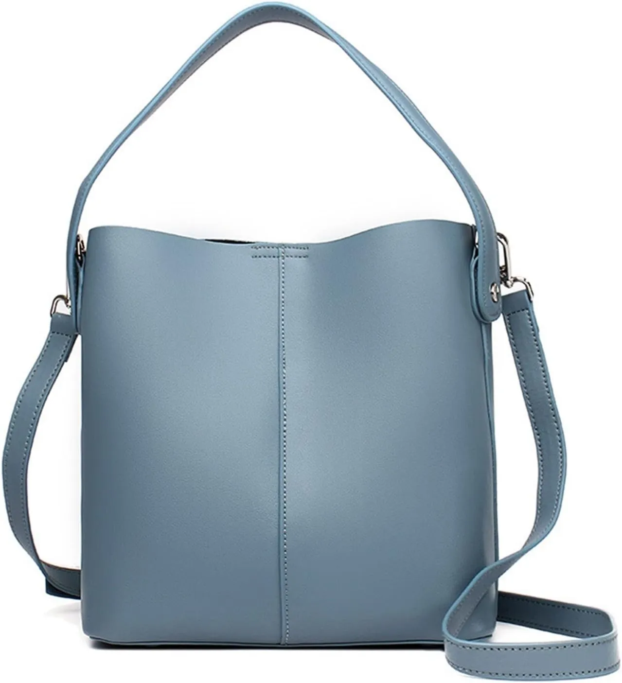 Shoulder Bags Leather Shoulder Bags for Women Ladies Bucket Handbag Solid Color Cow Leather Female Messenger Bag(Blue)