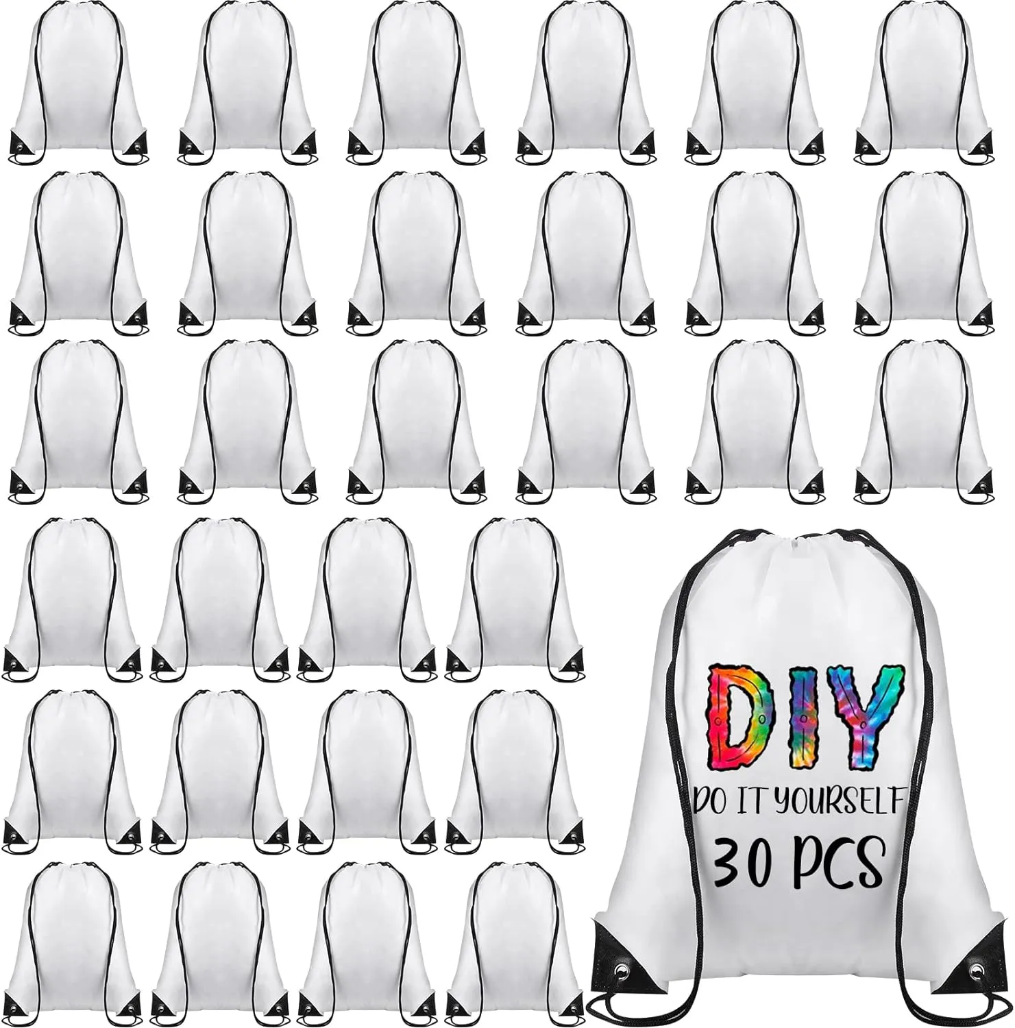 Sieral 30 Pcs Blank Sublimation Drawstring Bags Drawstring Backpack Bulk Heat Press Reusable Polyester Sublimation Bags Cinch Sackpack for Gym Sport DIY Craft, White