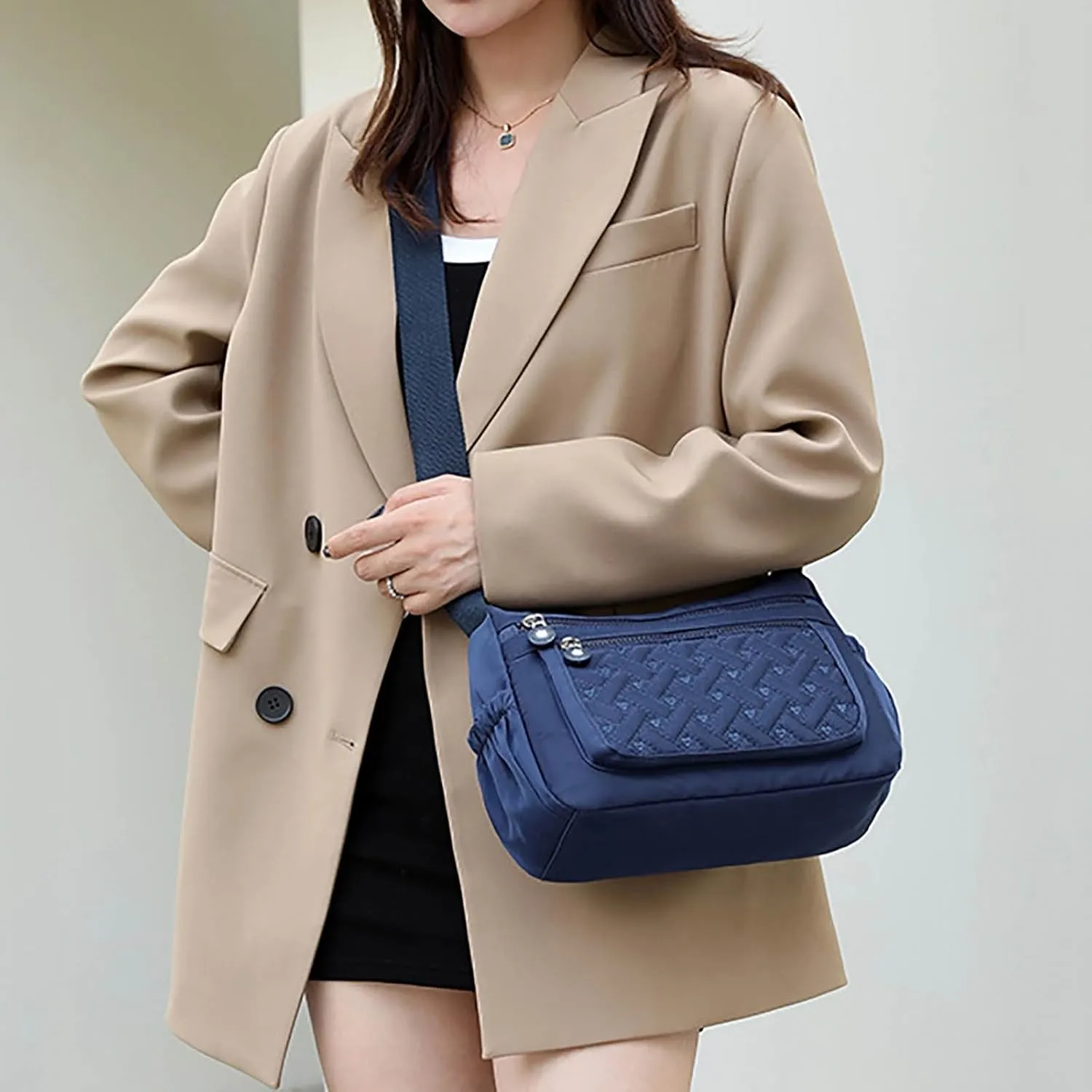 Single Shoulder Women's Bags New Nylon Embroidery Line Bags Canvas Lady's Body Cloth Bag Large Capacity (Blue, One Size)