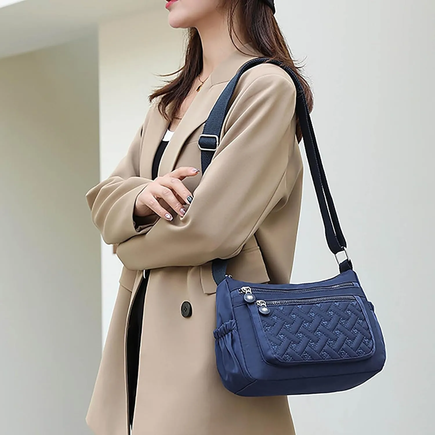 Single Shoulder Women's Bags New Nylon Embroidery Line Bags Canvas Lady's Body Cloth Bag Large Capacity (Blue, One Size)