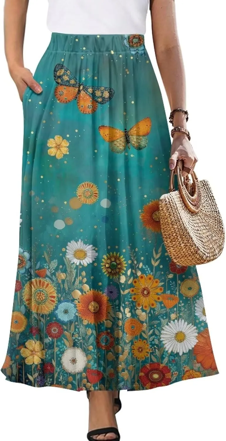 Skirts for Women Long Length High Waisted Pleated Midi Skirt with Pockets Breathable Boho Long Maxi Skort Plus Size